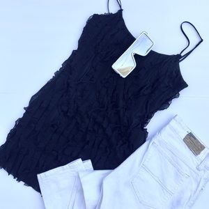 Black ruffled spaghetti tank top